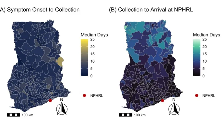 Two maps are shown of Ghana with colors depicting the timing of yellow fever specimen collection and arrival