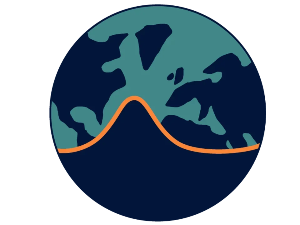 Illustration of a globe with continents in teal and dark blue with an wave-like line crosses the lower half of the globe, rising to a peak