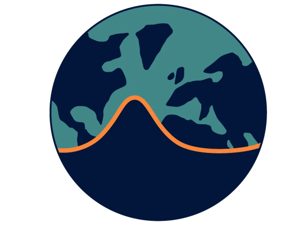 Illustration of a globe with simplified continents in teal and dark blue. An orange wave-like line crosses horizontally through the lower half of the globe, rising to a peak near the center before descending.